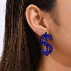 💰Awesome Large Rhinestone Cobalt Blue Money Dollar Sign Stud Earrings 💵
